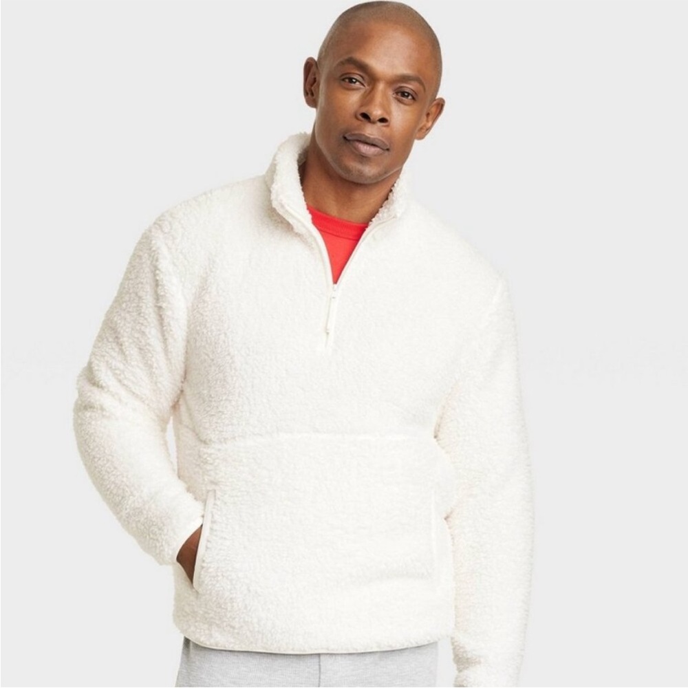 NEW! Men's Faux Shearling Half Zip-Up Sweatshirt Pullover, White - Size Medium